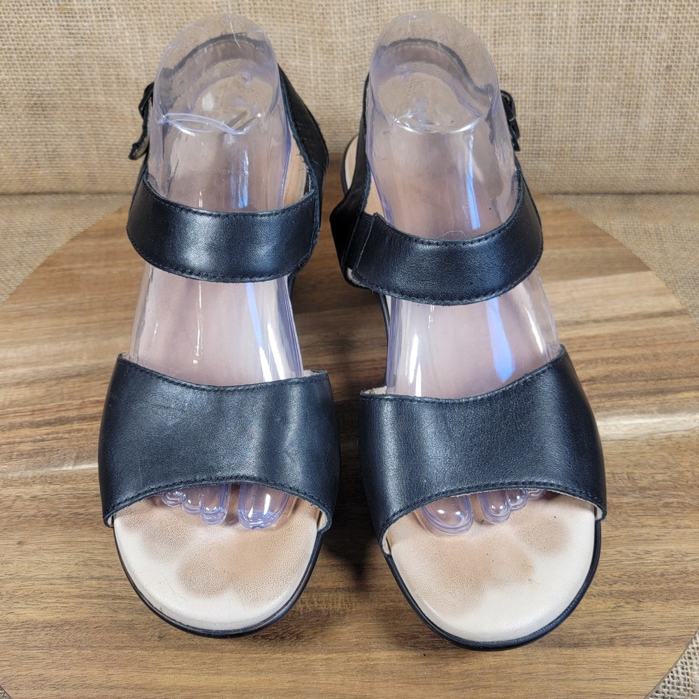 SAS Leather Wedge Heel Sandals Black Ankle Strap Comfort Shoes Women's 9W Wide - Picture 2 of 8